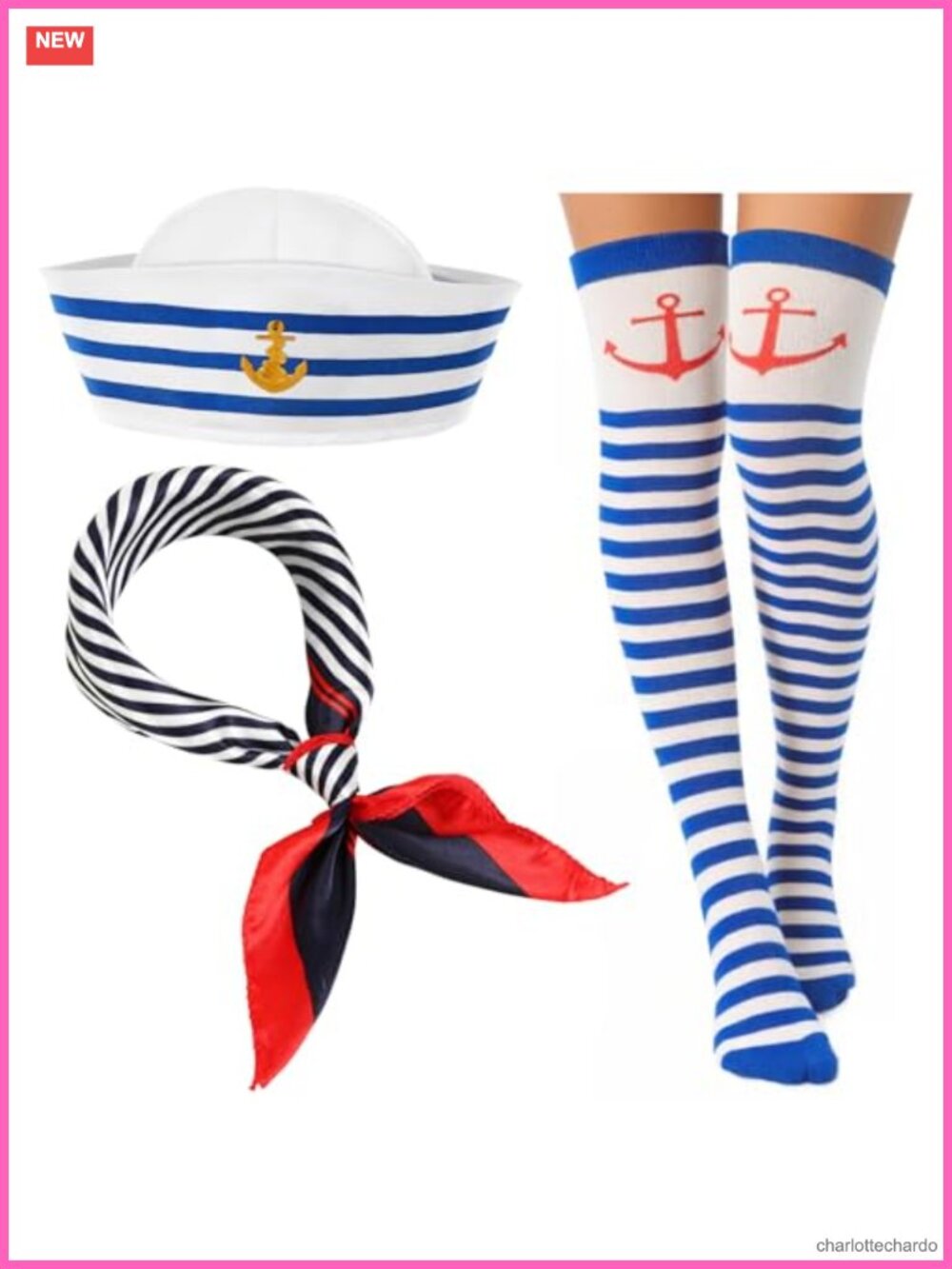 3 Pc Yacht Sailor Costume Set Cap Scarf Stockings Halloween Accessory